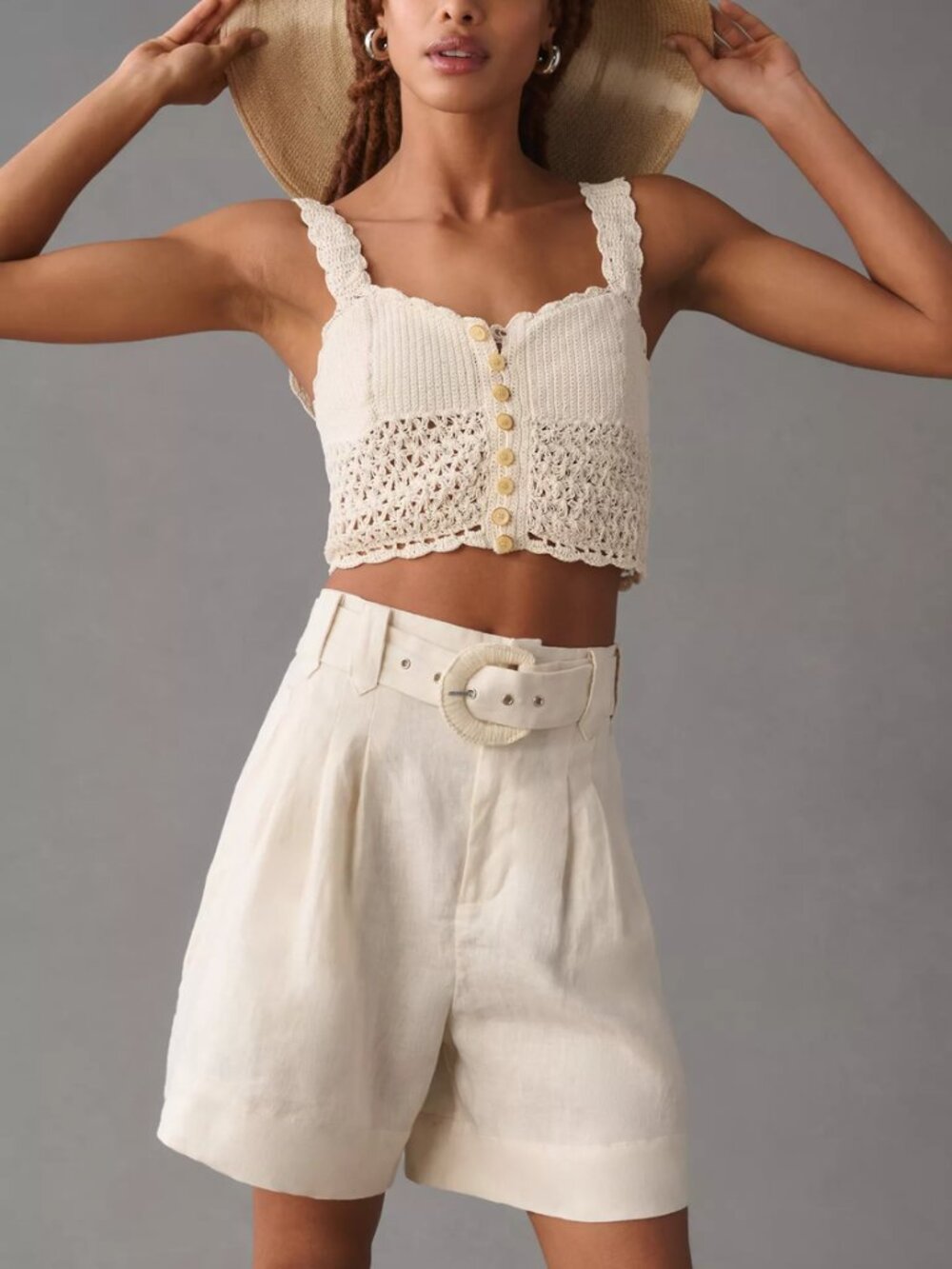Farm Rio Tailored Linen Belted Shorts Ivory High Rise Size M New With Tags $145 - Picture 8 of 17